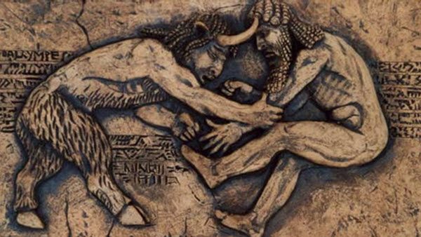 Enkidu wrestles with Gilgamesh
